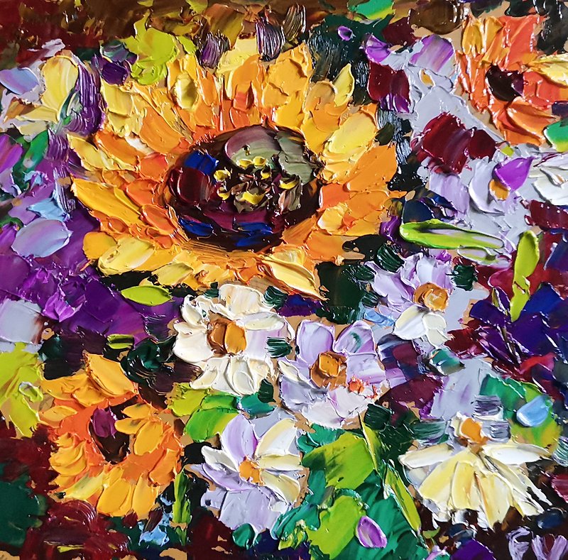 Sunflower Painting Daisy Original Art Oil Painting Floral Artwork Flower Verafe - Posters - Other Materials Multicolor