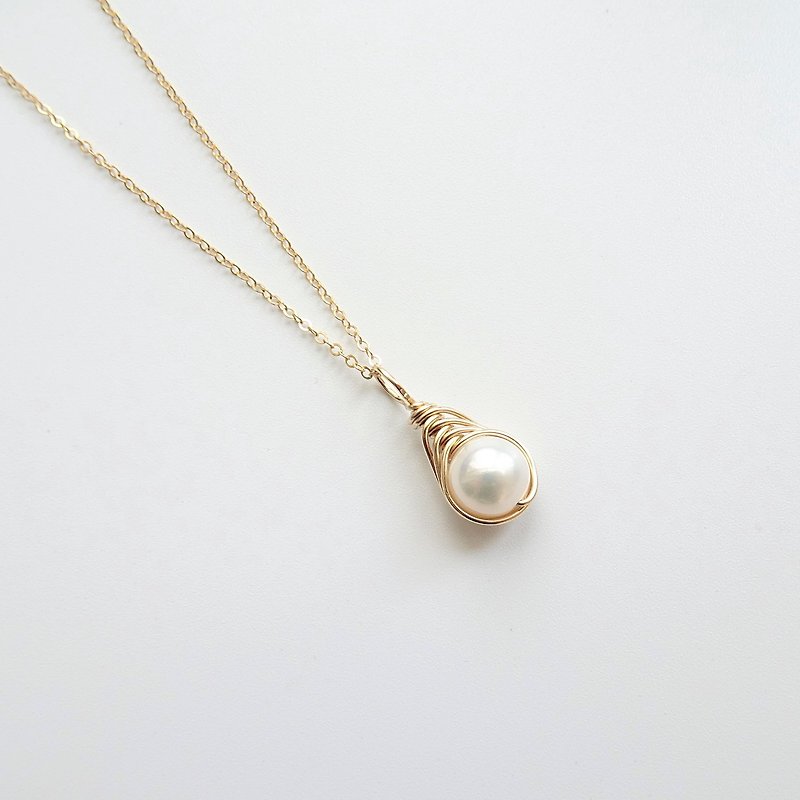 Freshwater Pearl Herringbone Wire Wrapped Charm 14K GF Necklace (Large) - Necklaces - Pearl White