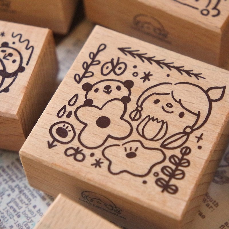 rubber stamp/ little girls & pandas / flowers - Stamps & Stamp Pads - Plastic Red