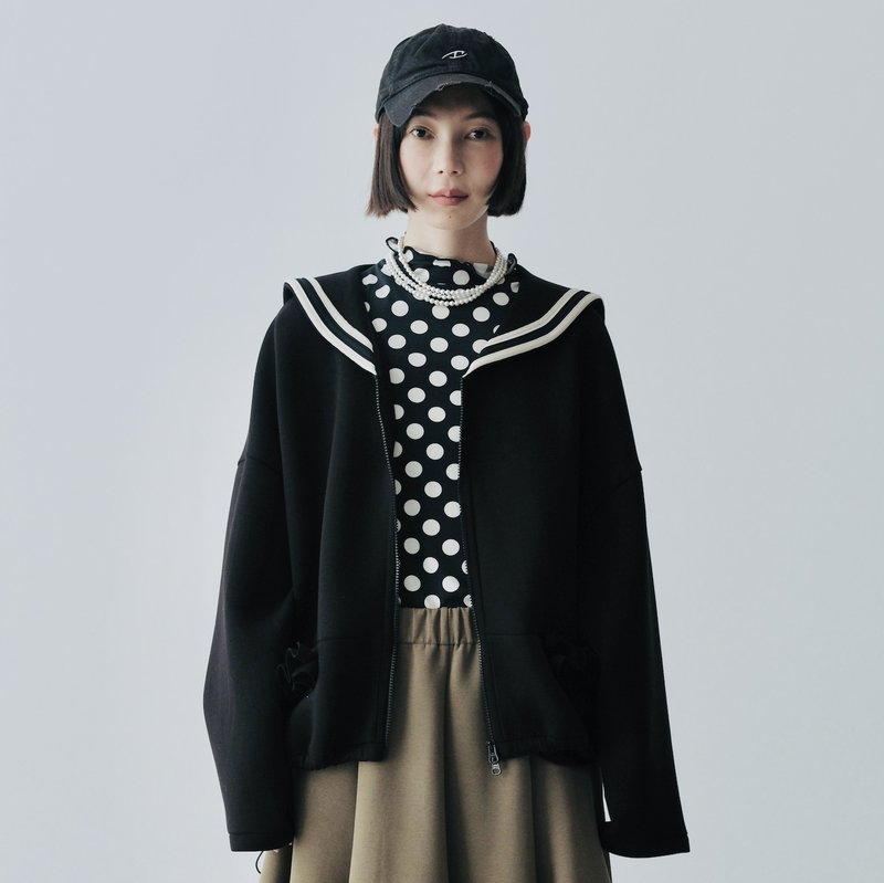 Black air cotton navy collar jacket - เสื้อแจ็คเก็ต - ผ้าฝ้าย/ผ้าลินิน สีดำ