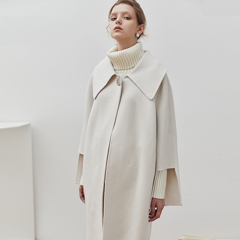 Moonlight dancer beige white minimalist big collar double-faced cashmere wool coat silhouette deconstruction design sense - Women's Casual & Functional Jackets - Wool White