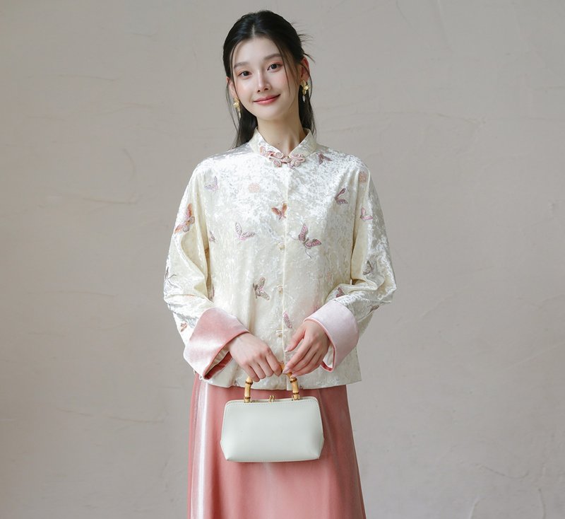 【撞色刺繡】新中式復古中國風 絲絨短外套/半裙 - 女大衣/外套 - 其他材質 白色