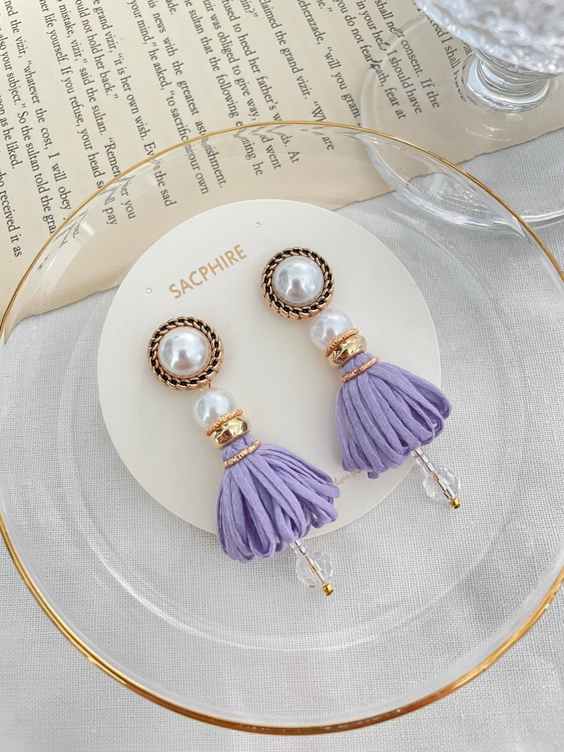 Tassel Button Earrings Purple Pearl Romantic - ต่างหู - วัสดุอื่นๆ สีม่วง