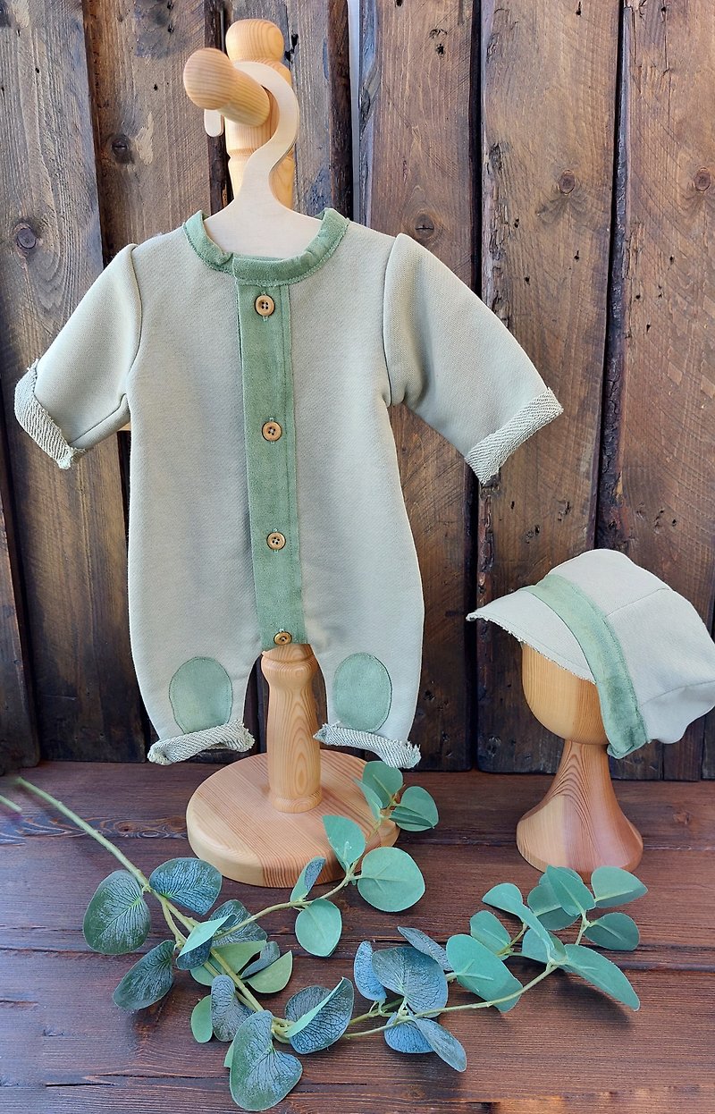 Newborn boy photoshoot outfits overalls, romper and hat for photography props, - ชุดทั้งตัว - ผ้าฝ้าย/ผ้าลินิน สีเขียว
