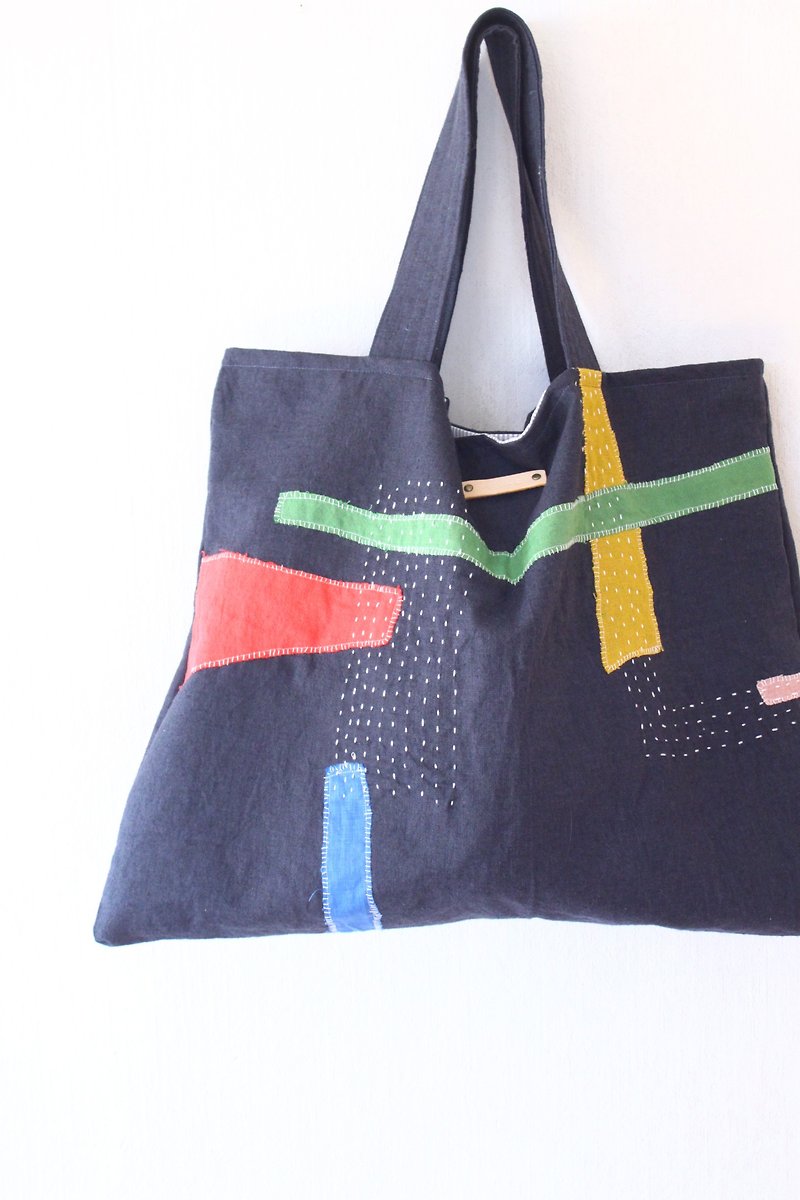 Order of the spring/Linen collage big tote bag  ネオン - กระเป๋าแมสเซนเจอร์ - ผ้าฝ้าย/ผ้าลินิน สีดำ
