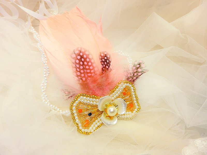 Classic elegant diamond lace pearl headband - pink feather embroidery lace - เครื่องประดับผม - งานปัก สึชมพู