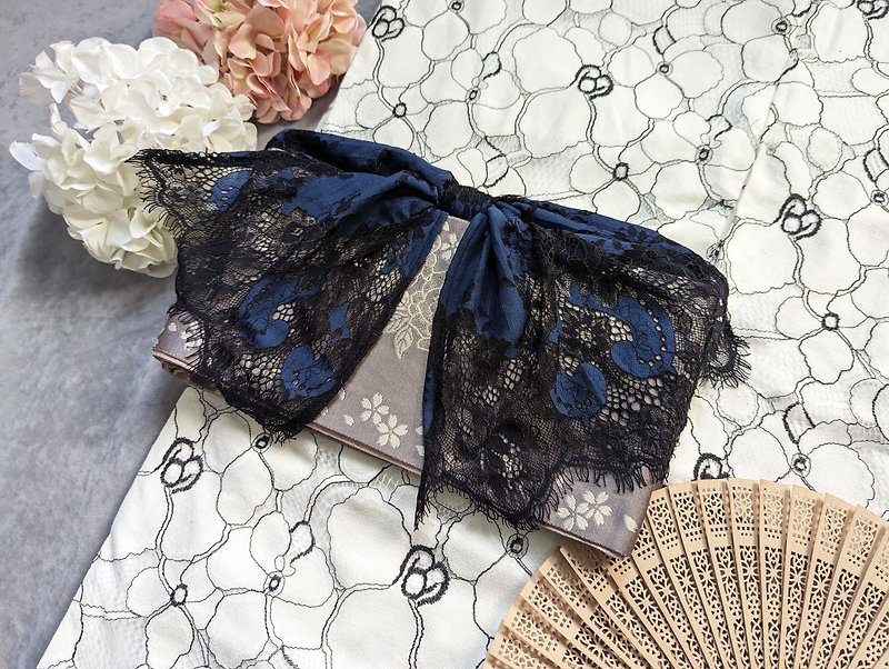 【洋鲋youiki】Original Japanese and Western style.帯扬|帯扬げ. Japanese Blue/Black Lace - Belts - Cotton & Hemp 