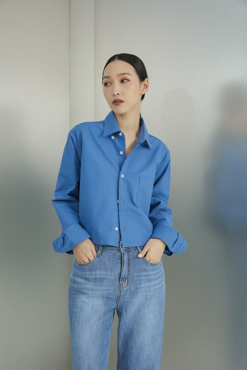 [Brand original] Paris Lady pure cotton stiff and neat blouse lake blue - เสื้อเชิ้ตผู้หญิง - ผ้าฝ้าย/ผ้าลินิน สีน้ำเงิน