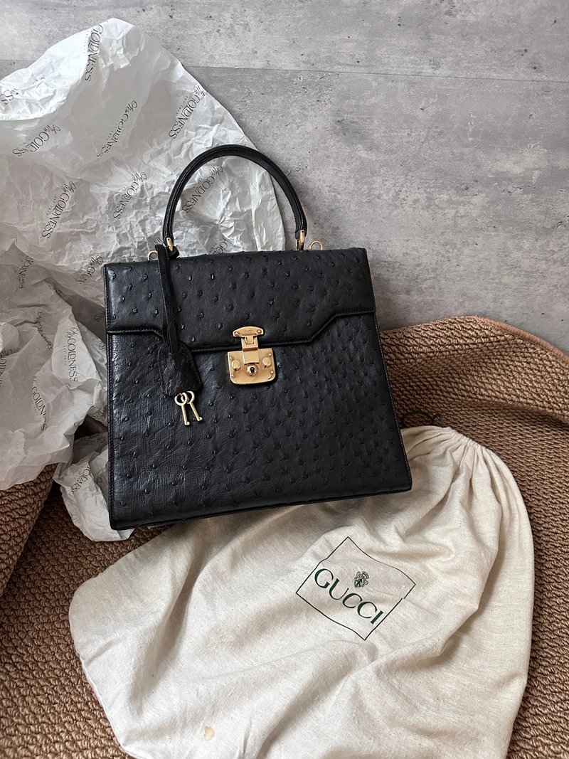 中古包 Gucci 古馳 黑色鴕鳥皮 Padlock Kelly 包 - 手提包/手提袋 - 真皮 黑色