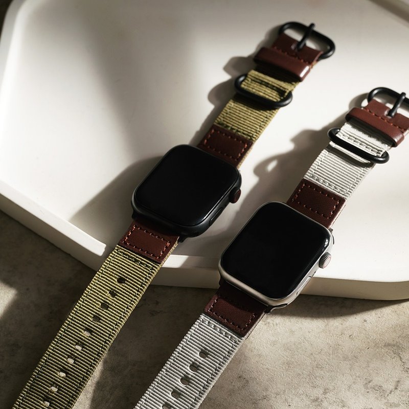 Apple Watch - Canvas Double Ring Stitched Leather Strap Apple Watch Band - Watchbands - Nylon 