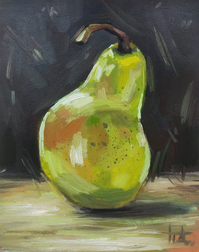 Original Oil Painting Minimalist Still Life Green Pear on Dark Background 5x4 in - 壁貼/牆壁裝飾 - 紙 多色