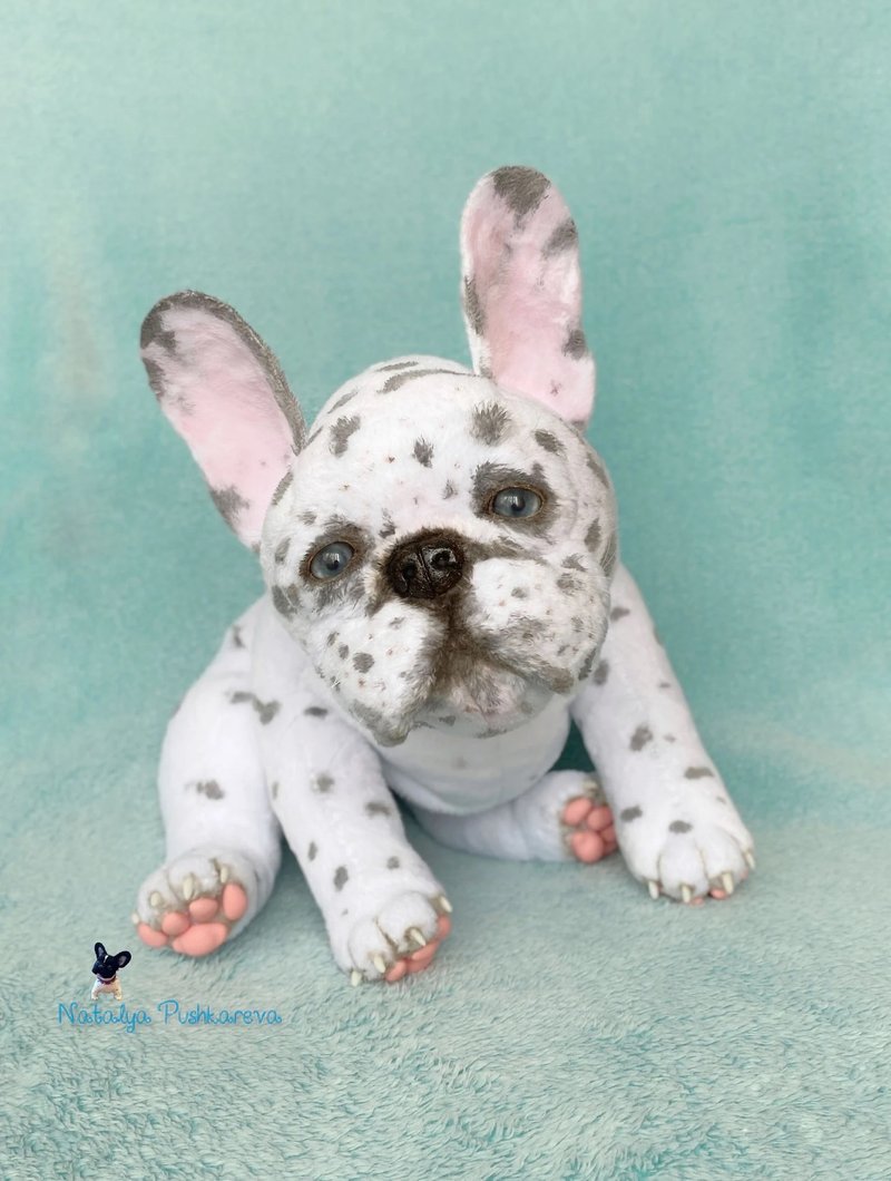 spotted French Bulldog puppy, realistic toy - ตุ๊กตา - เส้นใยสังเคราะห์ ขาว