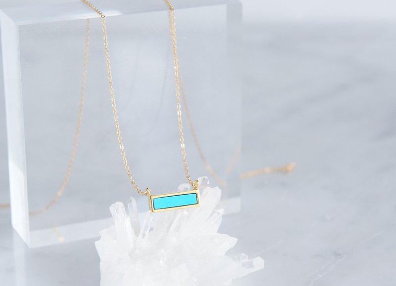 [14KGF] Necklace, Gemstone, Blue Turquoise Tiny Rectangle Bar - Necklaces - Gemstone Blue