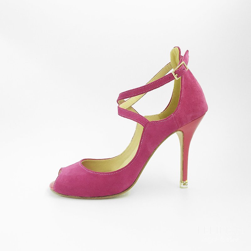 หนังแท้ รองเท้าส้นสูง สีแดง - Argentine Tango Shoes - Fuscia Suede High Heel