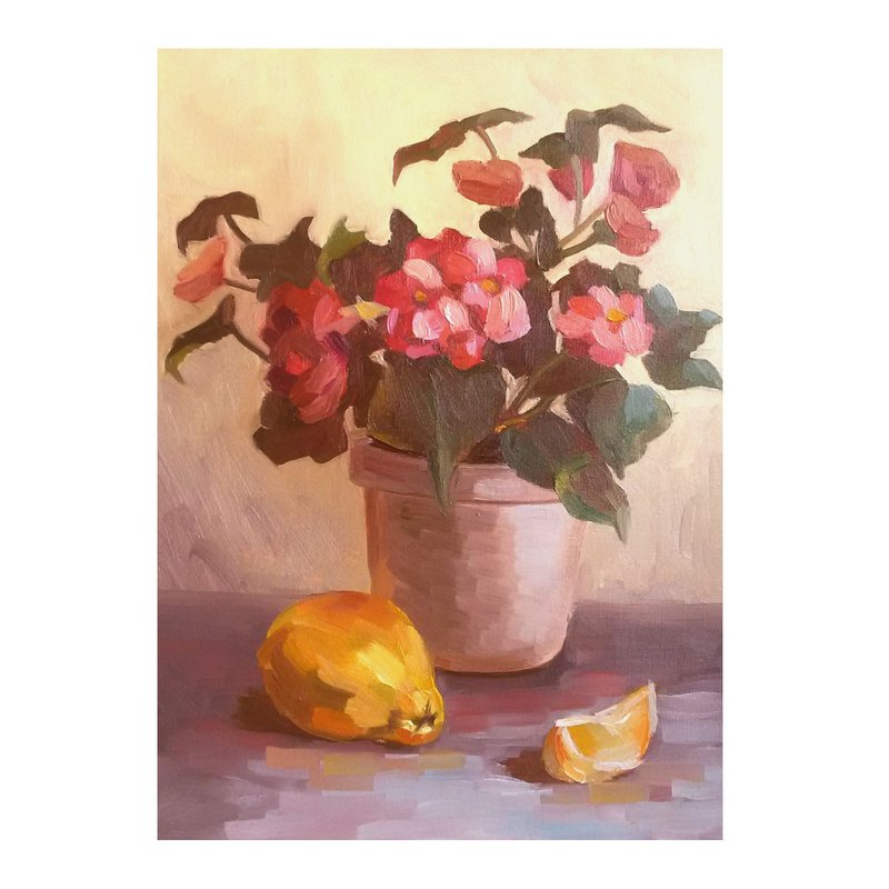 Begonia painting, floral original art, flower still life, citrus wall art canvas - 海報/掛畫/掛布 - 棉．麻 橘色