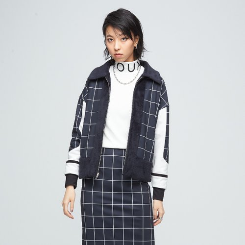 VOUX 抗菌絨毛格紋雙面外套(女)-無煙煤黑