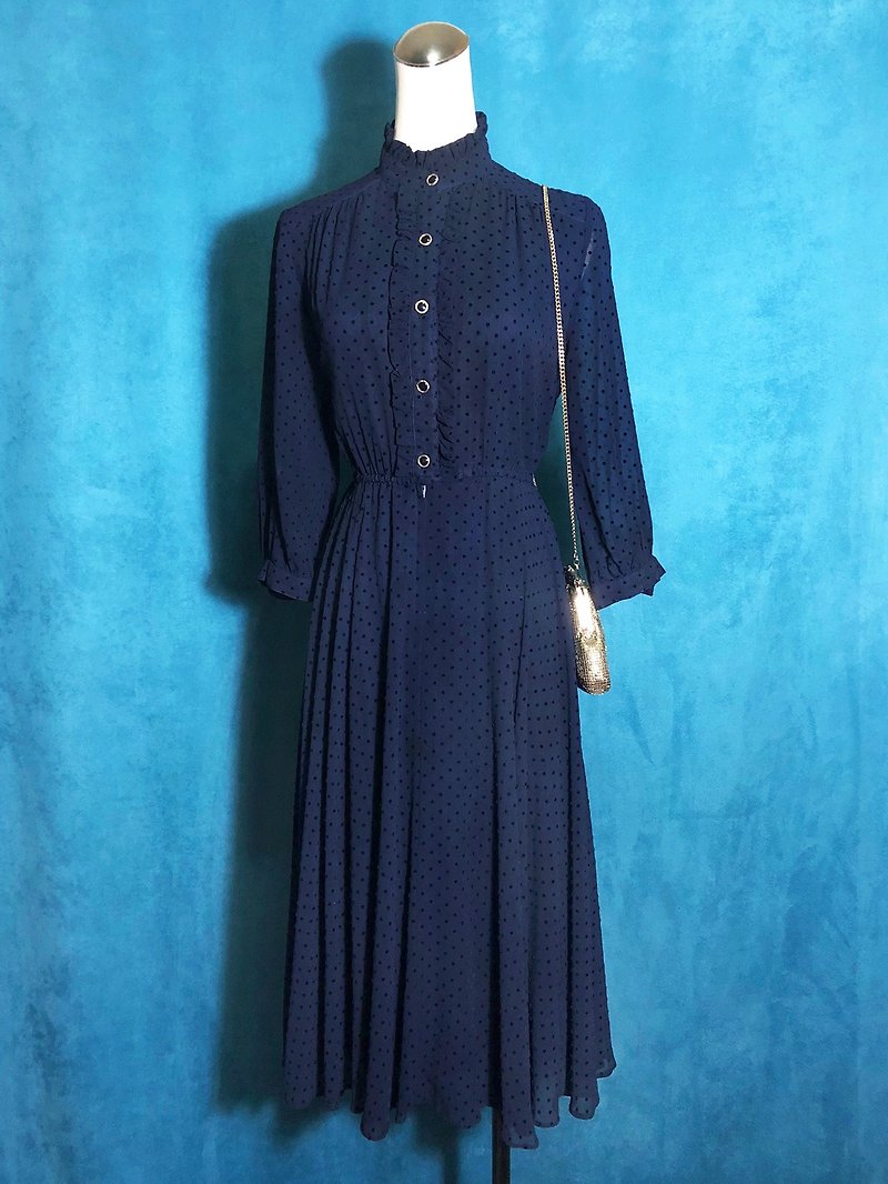 Ruffled umbel skirt vintage dress / abroad brought back VINTAGE - ชุดเดรส - เส้นใยสังเคราะห์ สีน้ำเงิน