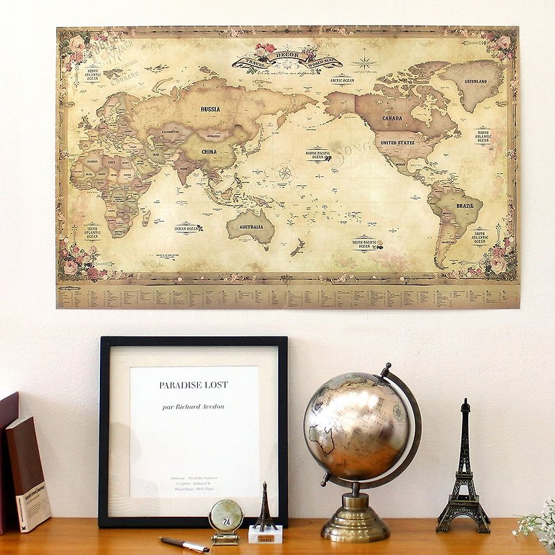 Indigo-world map poster (single)-01 antique version, IDG70336 - แผนที่ - กระดาษ สีนำ้ตาล