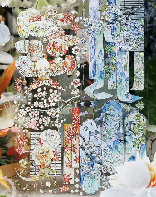 日々美術館 青山胭脂雪 東方古風庭園造景 PET 和紙膠帶 貝殼光 10米卷
