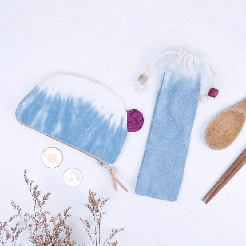 獨家 - 富士山組合 手染餐具袋+零錢包+贈花圈卡 - 散紙包 - 棉．麻 藍色