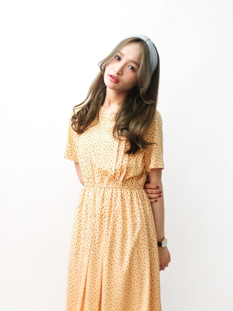 【RE0322D1052】甜美可愛小葉子粉橘色短袖春夏古著洋裝 - 洋裝/連身裙 - 聚酯纖維 橘色