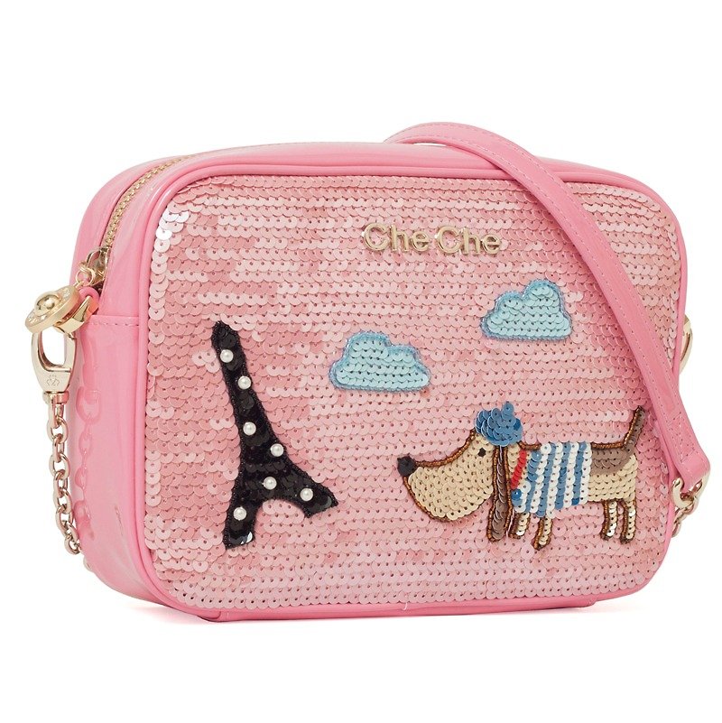 可愛小狗遊巴黎手工釘珠片斜孭袋 - 側背包/斜孭袋 - 其他材質 粉紅色