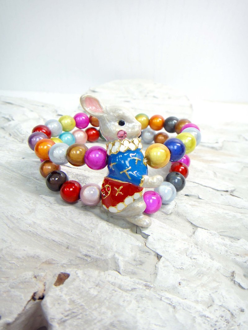 TIMBEE LO Earl Rabbit Colorful Flash Bead Bracelet Elastic Elastic Double Metal Plastic - สร้อยข้อมือ - โลหะ ขาว