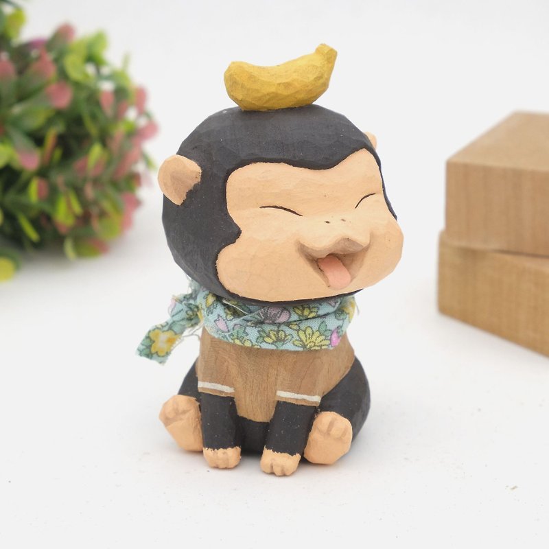 I want to be a room wood carving animal_Little Monkey (Log carving craft) - Stuffed Dolls & Figurines - Wood Brown