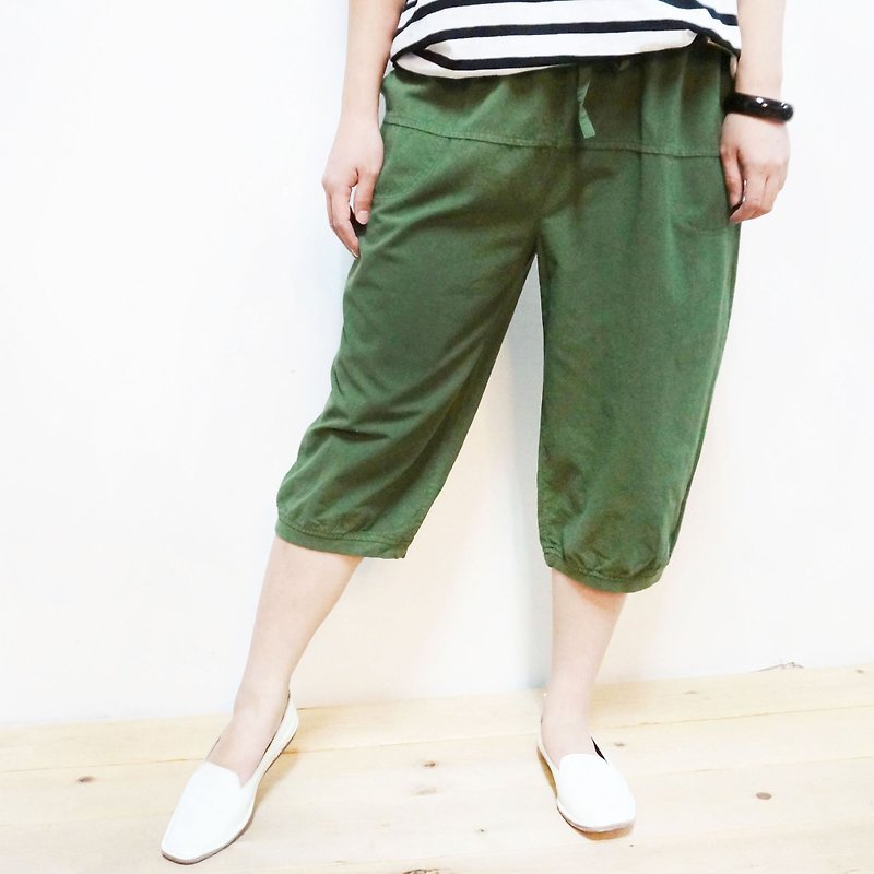 純棉休閒6分褲/綠色 - 闊腳褲/長褲 - 棉．麻 綠色