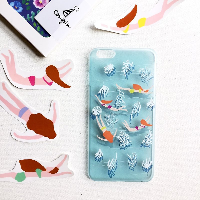 Summer swim girl Transparent phone shell diving in coral and seaweed - Phone Cases - Plastic Blue