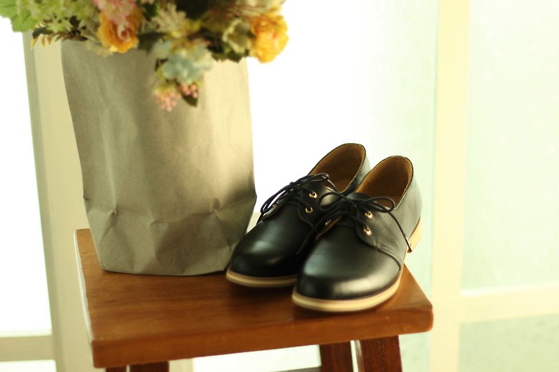 【British elegant style】Elegant Derby women's shoes. Ink carbon black - รองเท้าหนังผู้หญิง - หนังแท้ สีดำ