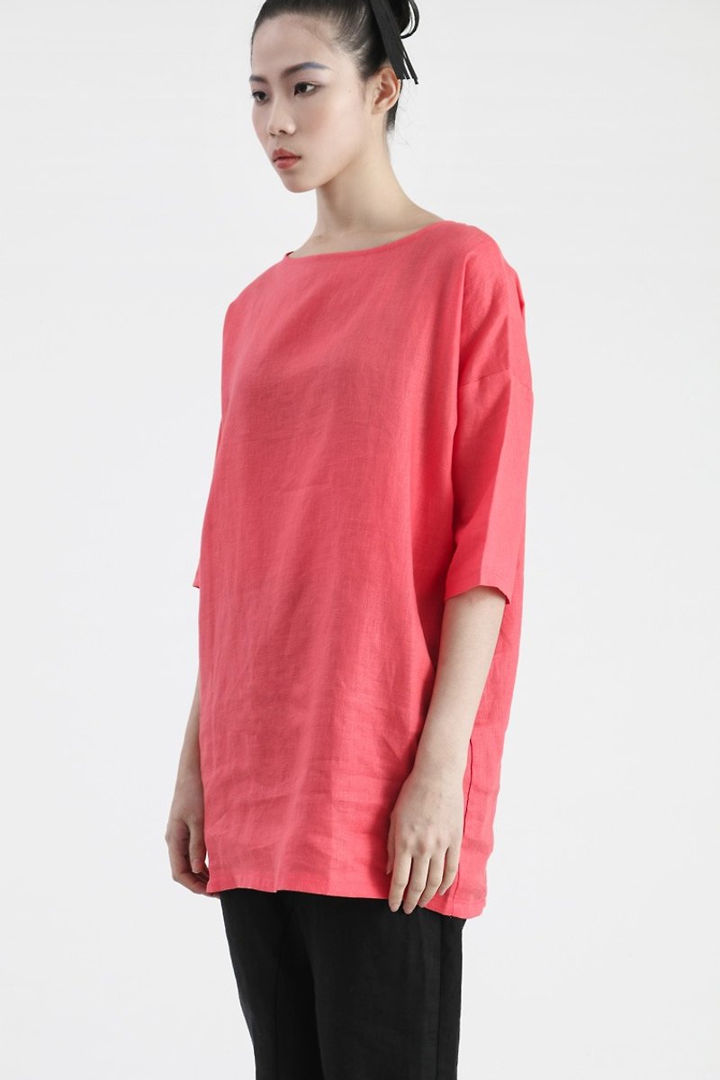 【In Stock】Half sleeves linen long Shirt (Orange) - Women's Tops - Cotton & Hemp Red