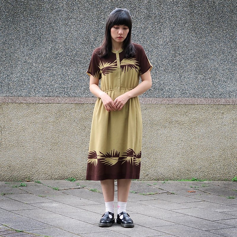 古著 日本系 森林色 棕櫚葉子 短袖洋裝 - 洋裝/連身裙 - 棉．麻 