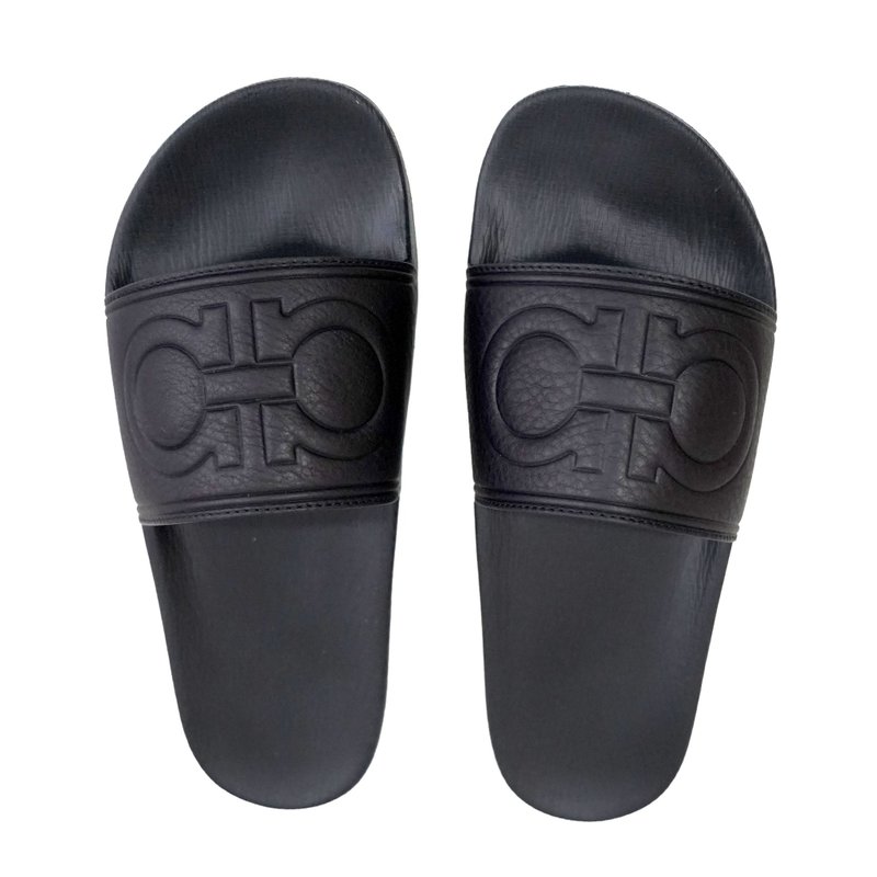 40號全新Ferragamo黑色真皮馬鞍LOGO拼軟膠涼鞋拖鞋 居家生活渡假 - 拖鞋 - 真皮 黑色