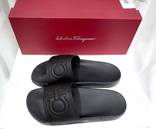 Salvatore Ferragamo☆ロゴ ブラックラバー スリッパ サンダル No.40 新作 フェラガモ ブラックレザー サドル ロゴ ソフト