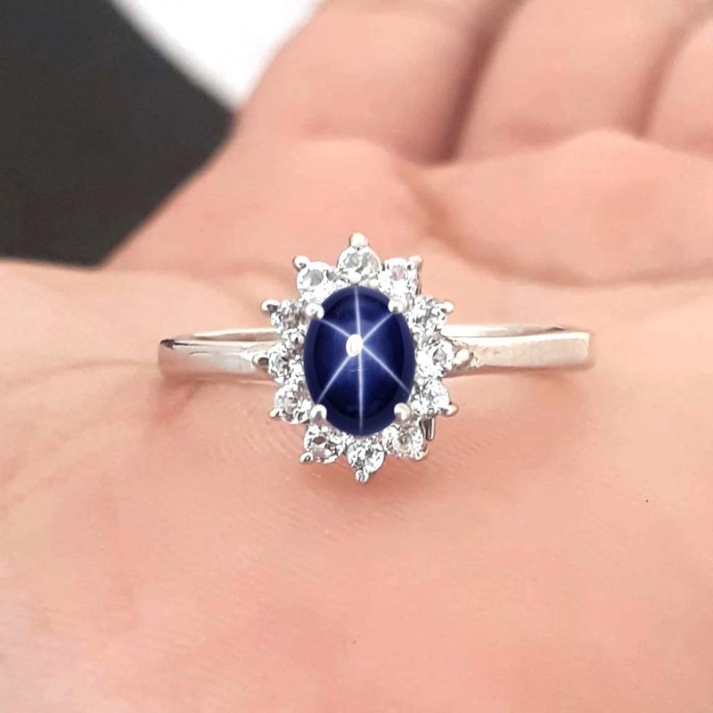 Natural star blue sapphier ring silver sterling size 7.0 free resize / 9x7 mm - 戒指 - 純銀 藍色