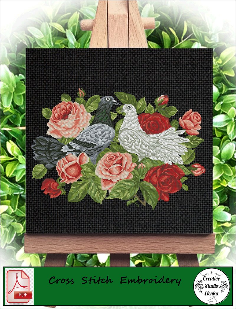 Vintage Cross Stitch Scheme Pigeons and flowers - PDF Embroidery Scheme - เย็บปัก/ถักทอ/ใยขนแกะ - วัสดุอื่นๆ 