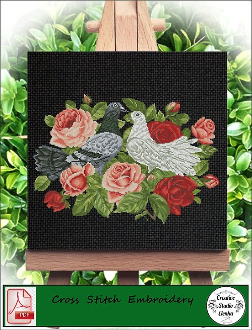 CreativeStudioElenka Vintage Cross Stitch Scheme Pigeons and flowers - PDF Embroidery Scheme