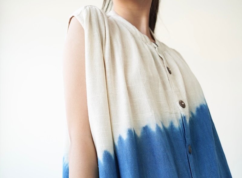 Hand-dyed blue collarless dress with pleated shoulders and stand-up collar - One Piece Dresses - Cotton & Hemp Blue