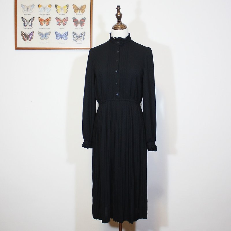 Japanese washing standard (Vintage Japanese vintage dress) plaid fabric black dress F3514 - One Piece Dresses - Other Man-Made Fibers Black