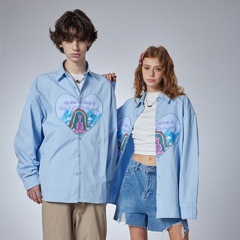 Blue long-sleeved shirt male fall lovers love button dopamine shirt coat - เสื้อเชิ้ตผู้ชาย - ผ้าฝ้าย/ผ้าลินิน 