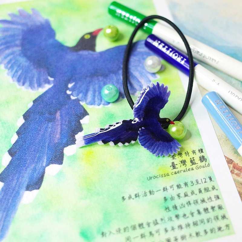 Taiwan's endemic species Taiwan blue magpie painting hair tie - เครื่องประดับผม - วัสดุกันนำ้ สีน้ำเงิน