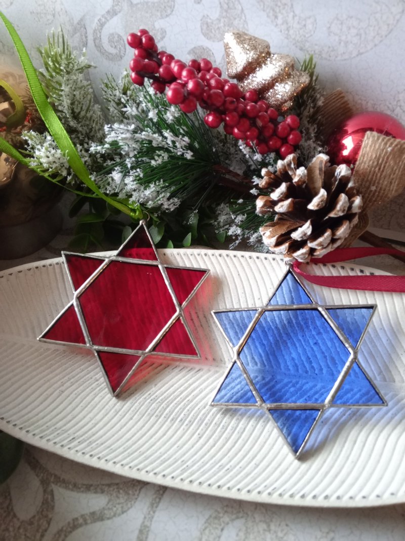 Set of 2 snowflake suncatchers merkaba christmas ornaments, simple stained glass - 其他 - 玻璃 多色
