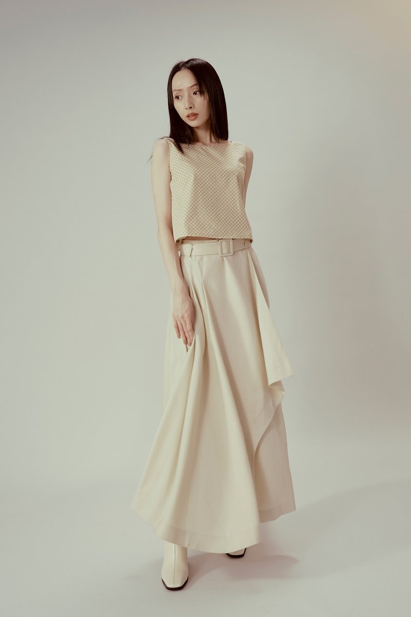 Khaki Burlap Buttoned Circle Skirt - กระโปรง - ผ้าฝ้าย/ผ้าลินิน ขาว