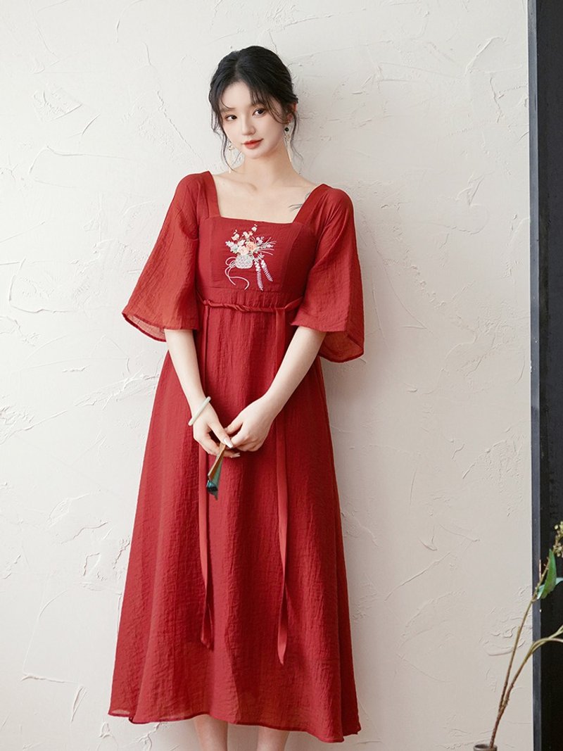 Jinghong New Chinese Retro Zen Long Dress - One Piece Dresses - Other Materials Red