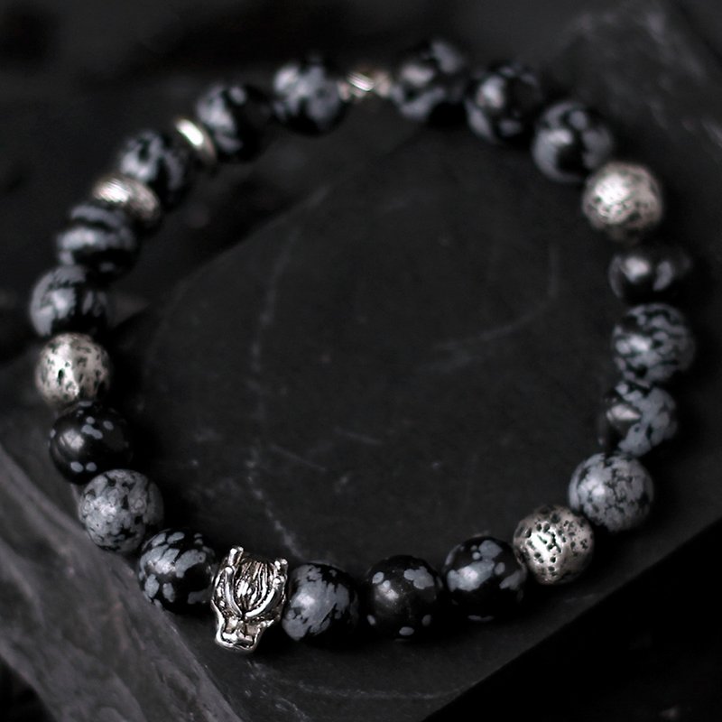 Dragon Breath. Natural mineral hand beads black Stone solid sterling silver Stone cast dragon head spacer beads - สร้อยข้อมือ - เครื่องเพชรพลอย สีดำ