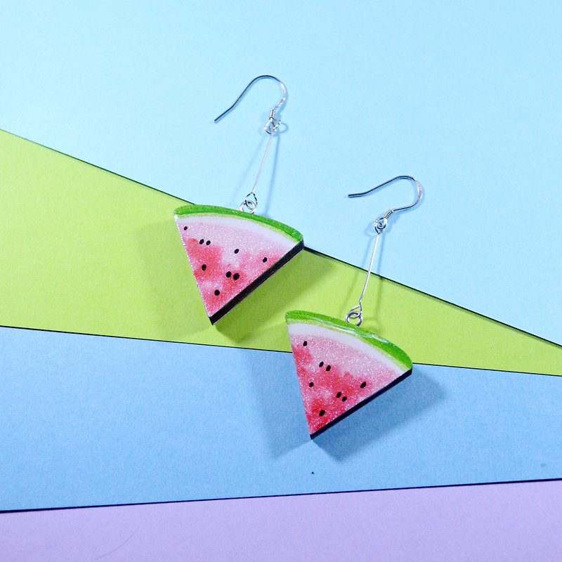 Summer romantic big watermelon long hand-painted earrings ear clips hand-painted wooden resin seal - ต่างหู - ไม้ สีแดง