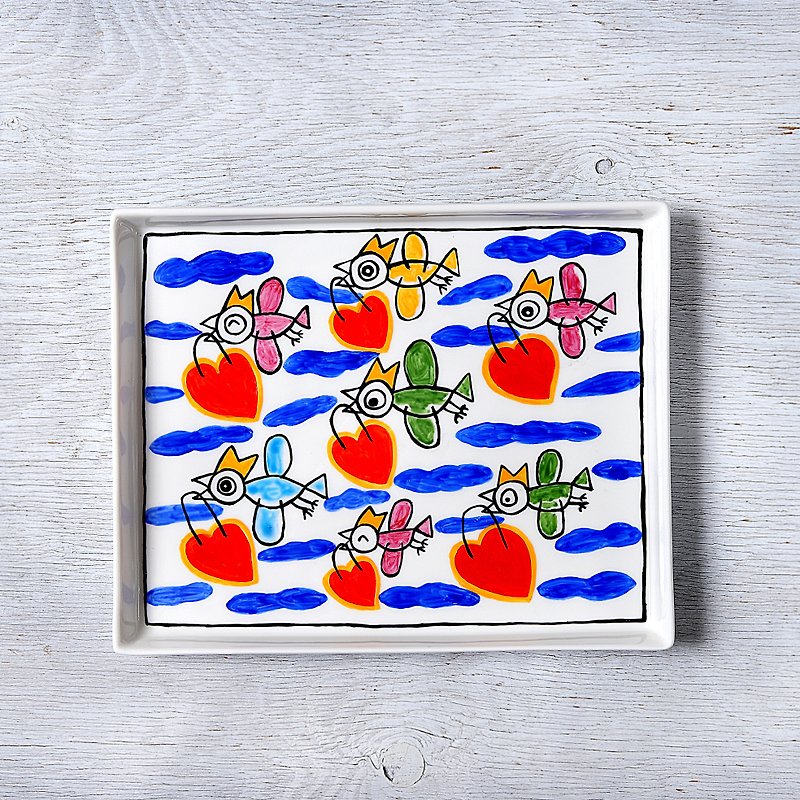 Happy birds・square plate - จานและถาด - เครื่องลายคราม หลากหลายสี
