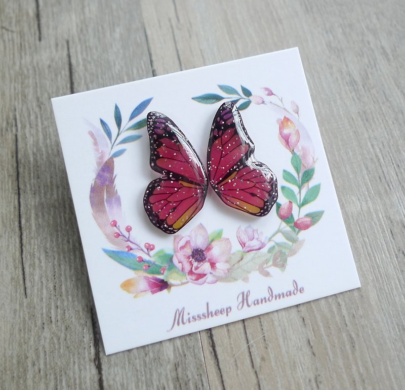 Misssheep-BW06-Butterfly Wings Series - Red and yellow hand-made earrings (ear pin / transparent ear clip) - ต่างหู - พลาสติก สีแดง
