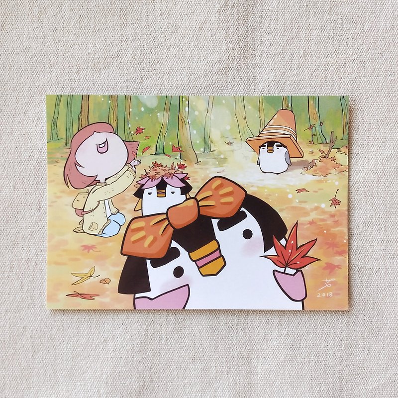 【企鵝姊妹】插畫明信片 - 楓葉之旅 - 心意卡/卡片 - 紙 